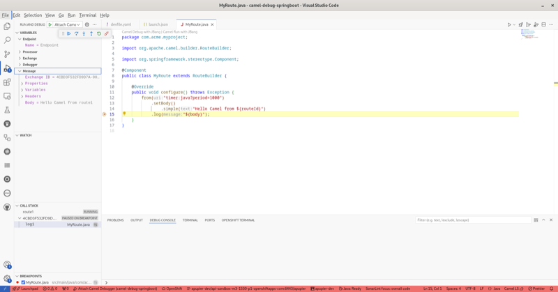 &ldquo;Breakpoint hit with Camel debugger on log line of the Java route deployed on OpenShift&rdquo;